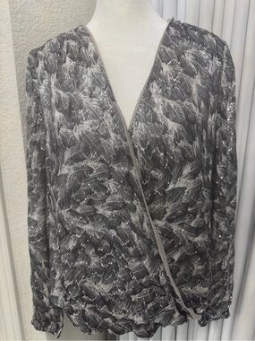 NWT White House Black Market Silver Metallic Feather Surplice Wrap Blouse 4